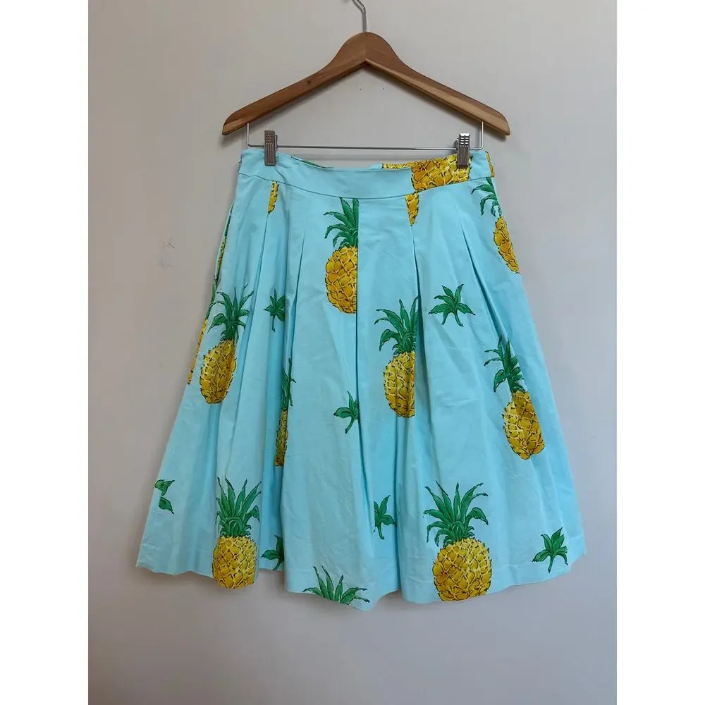 Talbots RSVP Blue Pineapple Print Pleated Lined Skirt 8 Tropical Beach Cruise